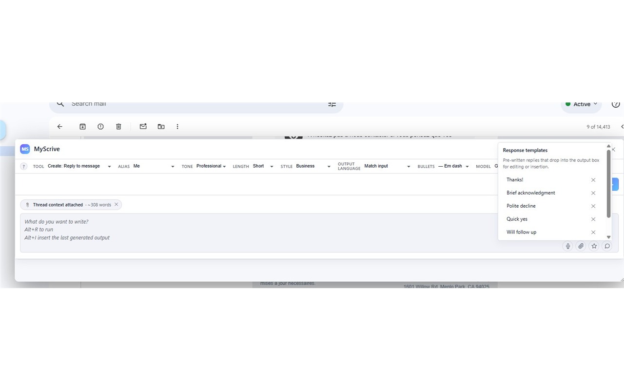 MyScrive's response templates dropdown